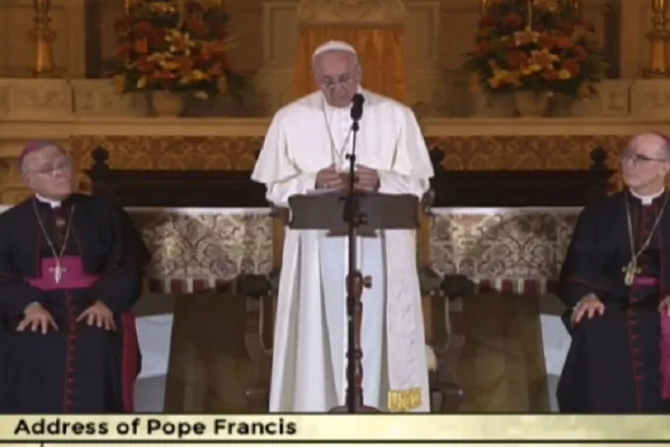 Pope Francis speaks to bishops in Philadelphia Sept 17 2015 Credit EWTN Screenshot