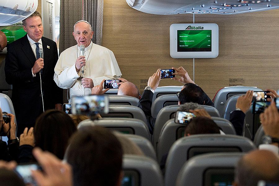 Pope Francis speaks to journalists aboard the flight from Rome to Bogota, Sept. 6, 2017. ?w=200&h=150