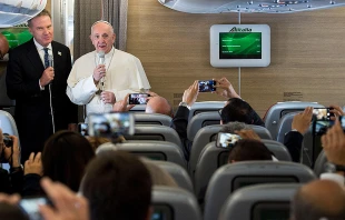 Pope Francis speaks to journalists aboard the flight from Rome to Bogota, Sept. 6, 2017.   L'Osservatore Romano.