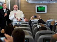 Pope Francis speaks to journalists aboard the flight from Rome to Bogota, Sept. 6, 2017. 