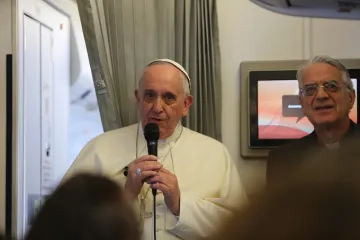 Pope Francis speaks to journalists on his flight from Sri Lanka to the Philippines on Jan 15 2015 Credit Alan Holdren CNA