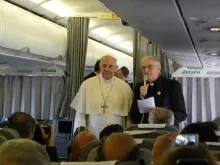 Pope Francis speaks to journalists on his flight to Sarajevo June 6, 2015. 