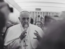 Pope Francis speaks to journalists on the flight from Rome to Armenia, June 24, 2016. 