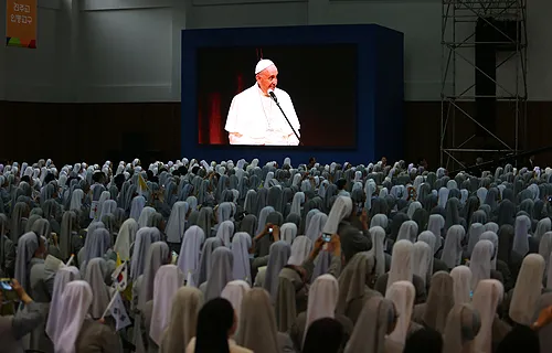Pope Francis speaks to religious communities at the Training Center 'School of Love' in Kkottongnaeon, South Korea, Aug. 16, 2014. ?w=200&h=150