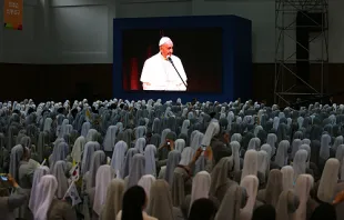 Pope Francis speaks to religious communities at the Training Center 'School of Love' in Kkottongnaeon, South Korea, Aug. 16, 2014.   Alan Holdren/CNA.