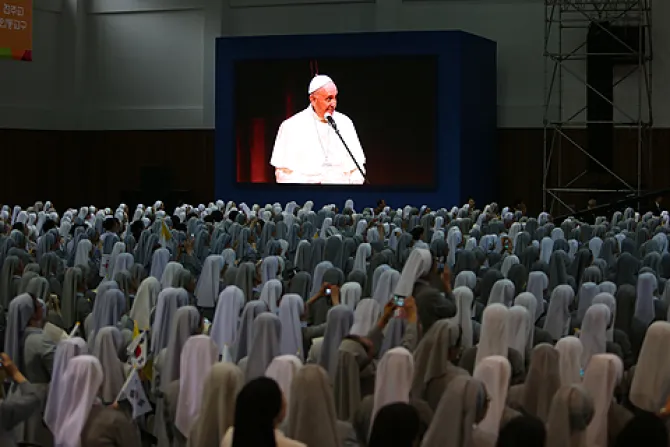 Pope Francis speaks to religious communities at the Training Center School of Love in Kkottongnaeon South Korea Aug 16 2014 Credit Alan Holdren CNA 4 CNA 8 16 14