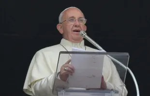 Pope Francis speaks to the crowd gathered in St Peter's Square on June 15, 2015 before the Angelus.  