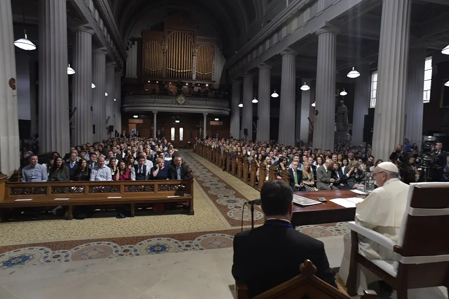 Pope Francis speaks to young married couples in Mary's Pro-Cathedral in Dublin Aug. 25, 2018. ?w=200&h=150