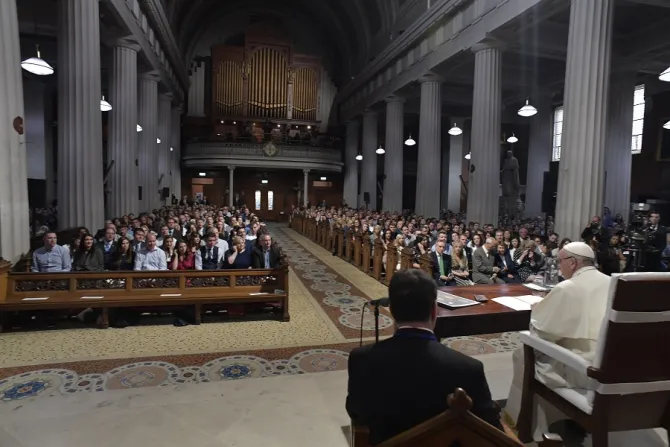 Pope Francis speaks to young married couples in Marys Pro Cathedral in Dublin Aug 25 2018 Credit Vatican Media CNA