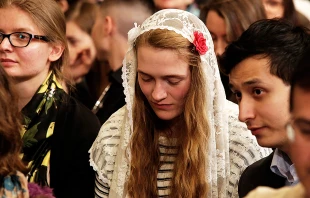 Young people listen to Pope Francis at the Basilica of Saint Mary Major in Rome, April 8, 2017.   Lucia Ballester/CNA.