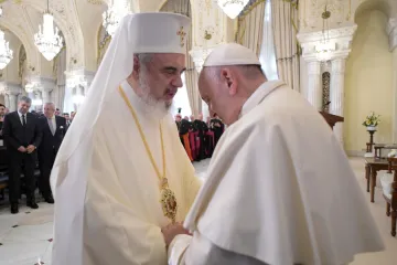 Pope Francis speaks with Romanian Orthodox Patriarch Daniel in Bucharest May 31 2019 Credit Vatican Media