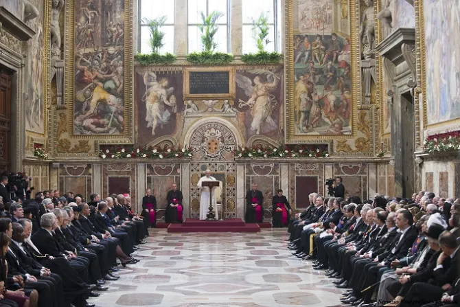 Pope Francis speaks with the Diplomatic Corps Accredited to the Holy See Jan 11 2015 Credit LOsservatore Romano CNA
