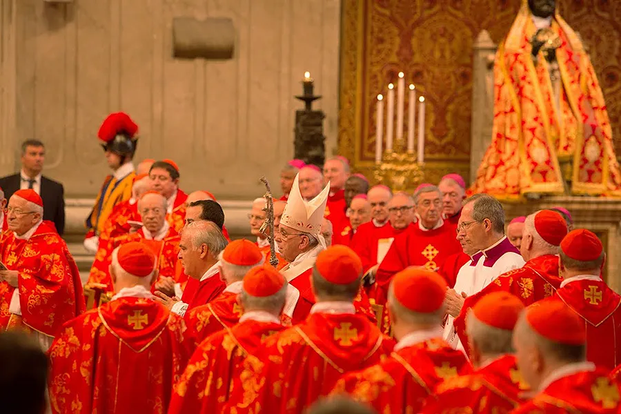 Pope Francis surrounded by cardinals during Mass, June 29, 2015. ?w=200&h=150