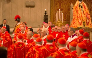 Pope Francis surrounded by cardinals during Mass, June 29, 2015.   Bohumil Petrik/CNA