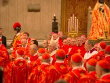 Pope Francis surrounded by cardinals during Mass, June 29, 2015. 