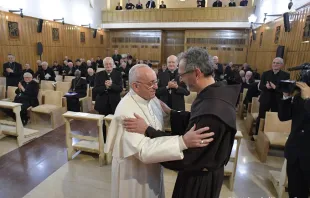 Pope Francis thanks Fr. Giulio Michelini at the end of his Lenten retreat in Ariccia March 10, 2017. L'Osservatore Romano. 