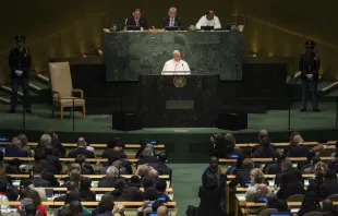 Pope Francis speaks to the United Nations General Assembly in New York City, Sept. 25, 2015. Credit: L’Osservatore Romano