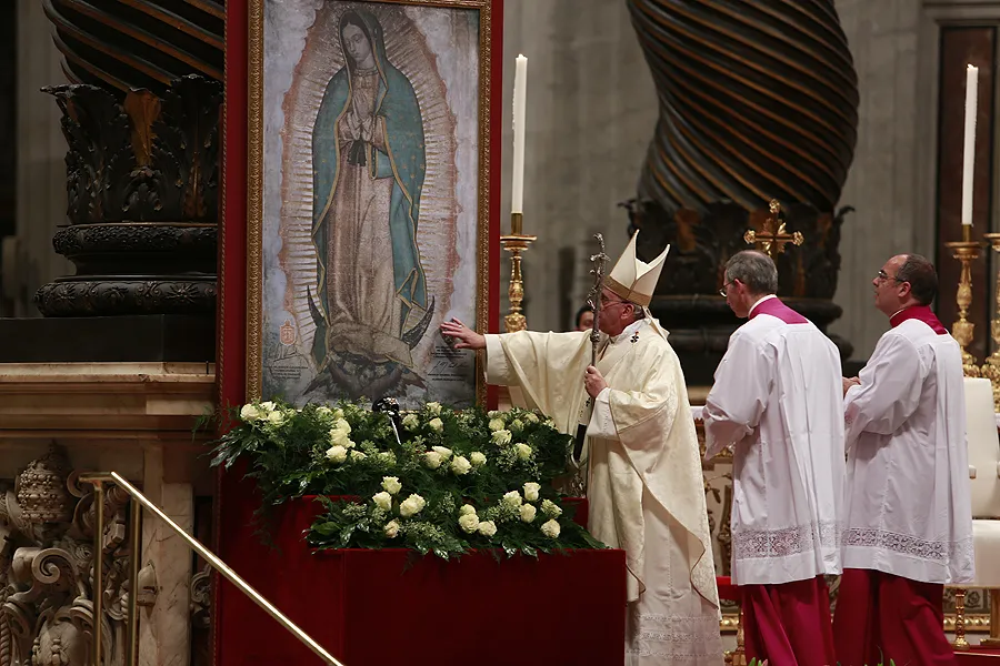 Pope Francis venerates an image of Our Lady of Guadalupe while saying Mass in St. Peter's Basilica, Dec. 12, 2014. ?w=200&h=150
