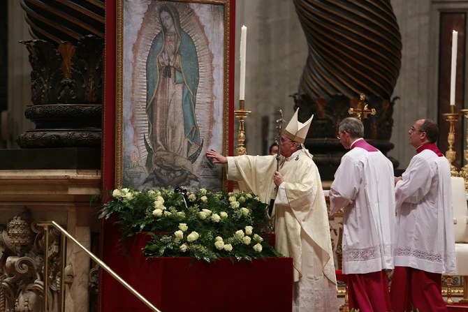 Pope Francis touches the image of Our Lady of Guadalupe during Mass in St Peters Basilica on Dec 12 2014 Credit Daniel Ib  ez CNA CNA 12 12 14
