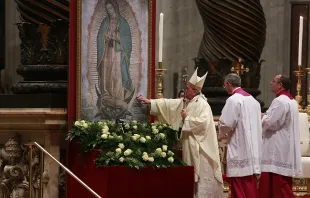 Pope Francis touches the image of Our Lady of Guadalupe during Mass in St. Peter's Basilica on Dec. 12, 2014.   Daniel Ibáñez/CNA.