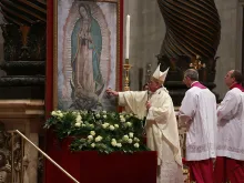 Pope Francis touches the image of Our Lady of Guadalupe during Mass in St. Peter's Basilica on Dec. 12, 2014. 