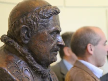 Pope Francis unveiled a new bust of Benedict XVI in the Vatican Gardens on Oct. 27, 2014. 