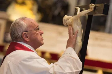 Pope Francis venerates the cross on Good Friday 2015 Credit LOsservatore Romano CNA
