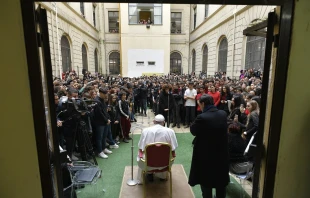 Pope Francis visits Pilo Albertelli High School in Rome Dec. 20, 2019.   Vatican Media.