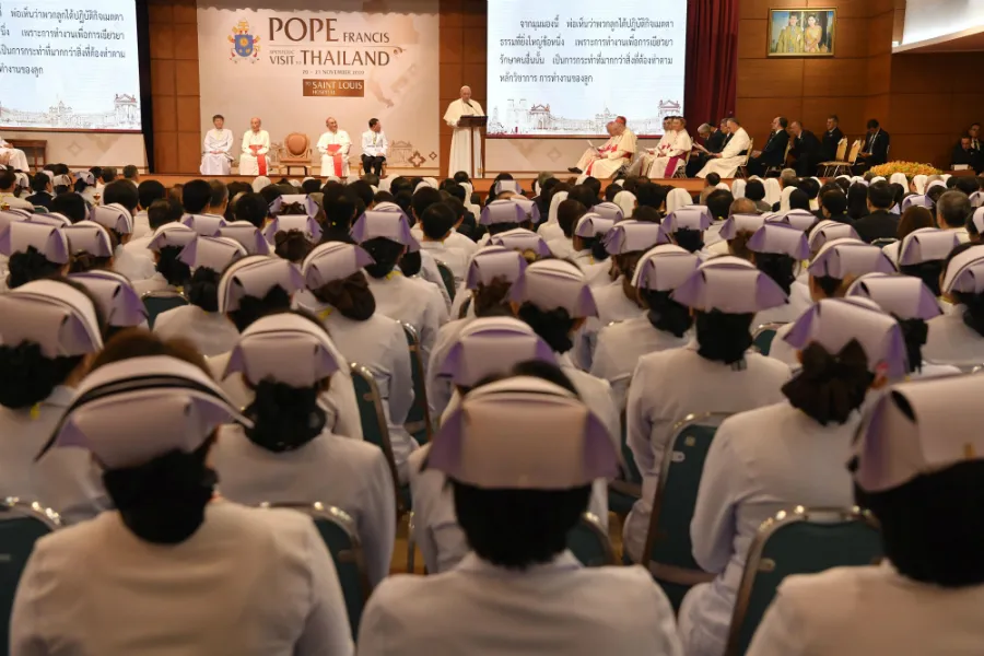 Pope Francis addresses medical personnel at St. Louis Catholic Hospital in Bangkok, Thailand Nov. 21, 2019. ?w=200&h=150