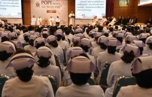Pope Francis addresses medical personnel at St. Louis Catholic Hospital in Bangkok, Thailand Nov. 21, 2019.   Vatican Media