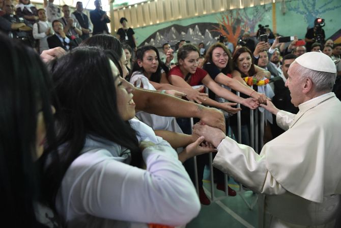 Pope Francis visits the Female Central Penitentiary in Santiago Chile Jan 16 2018 Credit Vatican Media CNA