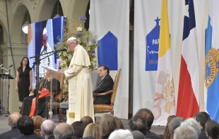 Pope Francis speaks at the Pontifical Catholic University of Chile in Santiago, Jan. 17, 2018.   Vatican Media.
