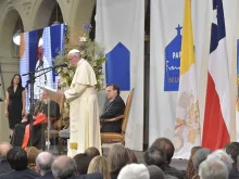 Pope Francis speaks at the Pontifical Catholic University of Chile in Santiago, Jan. 17, 2018. 