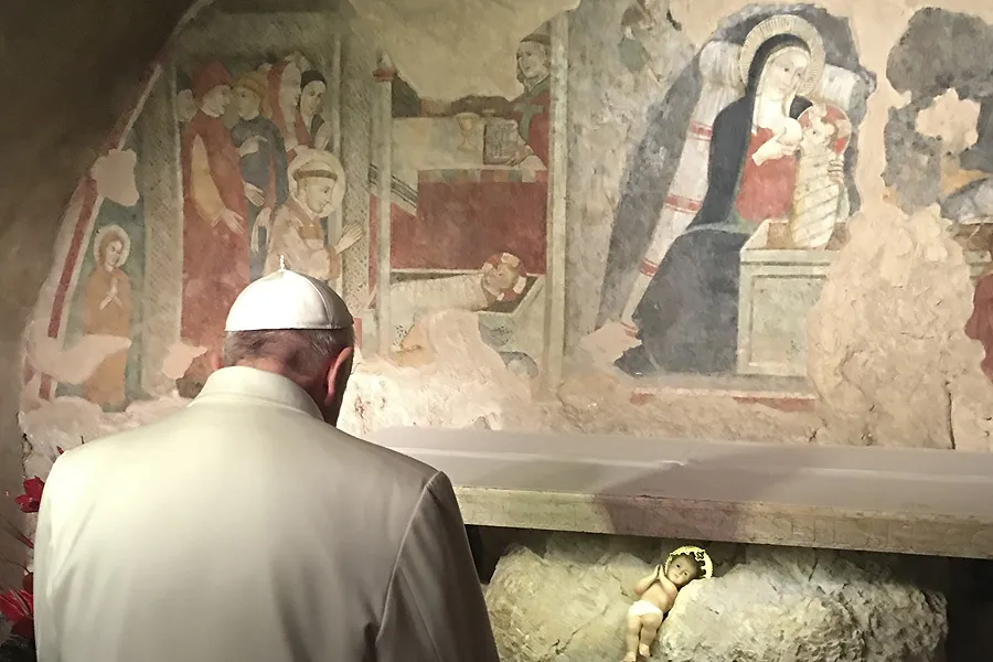 Pope Francis visits the site of the first nativity scene in Greccio, Italy, January 4, 2015. .  L'Osservatore Romano.