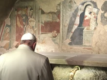 Pope Francis visits the place of the first nativity scene in Greccio, Italy on Jan. 4, 2015. 