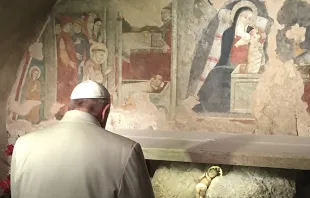 Pope Francis visits the place of the first nativity scene in Greccio, Italy on Jan. 4, 2015.   L'Osservatore Romano.