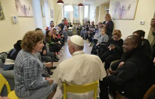 Pope Francis visits with residents of CasAmica, a home for the indigent sick, in a Roman suburb Dec. 7, 2018.   Vatican Media.