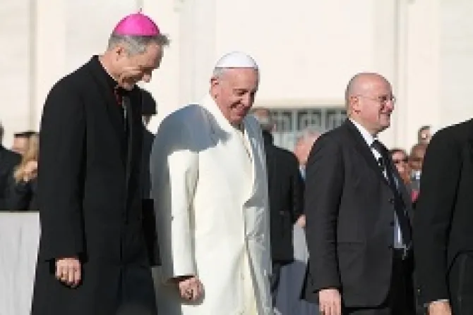 Pope Francis walks with Archbishop Georg Ganswein in St Peters Square during the Wednesday general audience on Dec 4 2013 Credit Kyle Burkhart CNA CNA 12 4 13