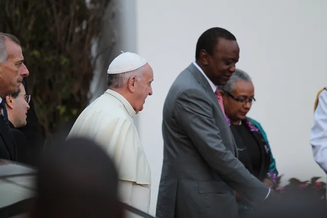 Pope Francis walks with Pres Uhuru Kenyatta at the State House in Nairobi Kenya on Nov 26 2015 Credit Martha Caldern CNA CNA 11 25 15