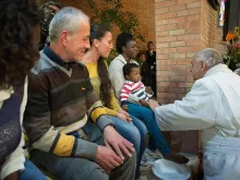 Pope Francis performing the rite of the washing of feet at a Holy Thursday Mass said at Rebibbia prison, Rome, April 2, 2015. 