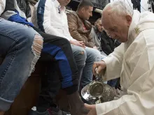Pope Francis washes inmates' feet at Rome's Regina Coeli Prison during the celebration of the Mass of the Lord’s Supper on Holy Thursday, March 29, 2018. 