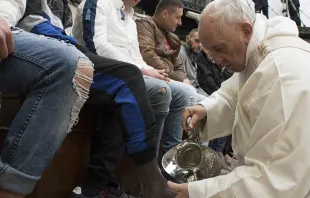Pope Francis washes inmates' feet at Rome's Regina Coeli Prison during the celebration of the Mass of the Lord’s Supper on Holy Thursday, March 29, 2018.   Vatican Media.
