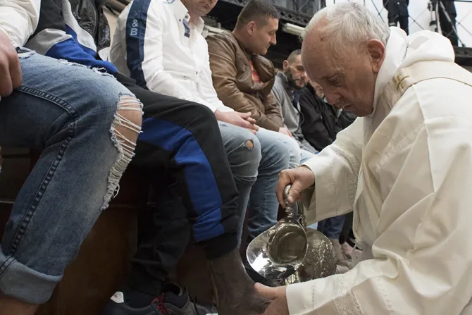Pope Francis washes inmates feet at Romes Regina Coeli Prison during the celebration of the Mass of the Lords Supper on Holy Thursday March 29 2018 Credit Vatican Media 1 CNA