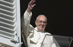  Pope Francis waves during the Angelus address in St. Peter's Square on November 22, 2015.   L'Osservatore Romano.