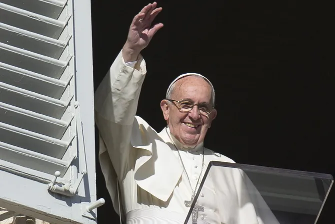 Pope Francis waves during the Angelus address in St Peters Square on November 22 2015 Credit LOsservatore Romano CNA 11 22 15