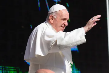 Pope Francis waves in St Peters Square May 8 2019 Credit Lucia Ballester CNA