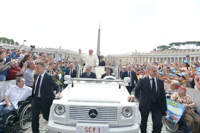 Pope Francis waves to pilgrims at the Wednesday General Audience on June 15 2016  Credit  LOsservatore Romano 2 CNA 6 15 16