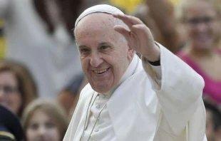 Pope Francis waves to pilgrims at the general audience in St. Peter's Square on Oct. 7, 2015.   L'Osservatore Romano.