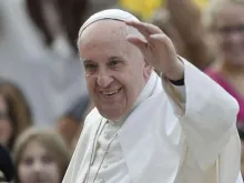 Pope Francis waves to pilgrims at the general audience in St. Peter's Square on Oct. 7, 2015. 