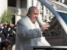 Pope Francis waves to pilgrims during his April 19, 2017, general audience in St. Peter's Square. 